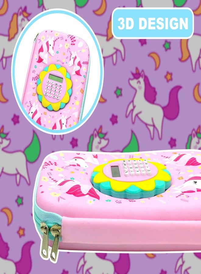 VGRASSP Unicorn Theme Stationery Pencil Case for Kids with Mini Calculator - 3D EVA Zipper Pouch with Multi Storage Compartments - Fun School Stationery Organizer - Multicolor - Image 4